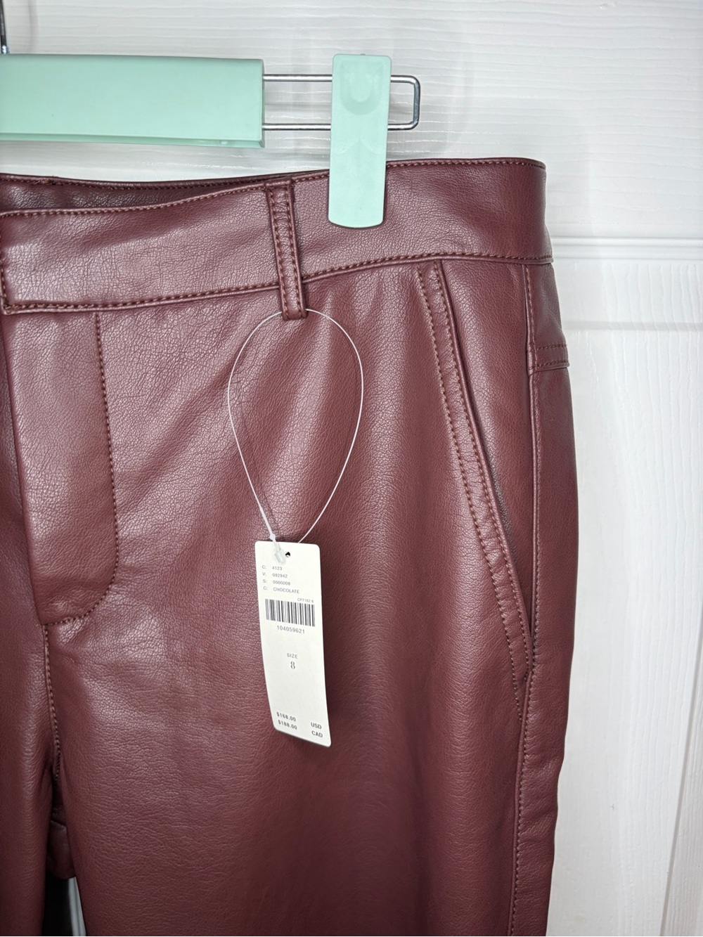 Anthropologie Laser Cut Faux Leather Novelty Slim Flare Pants Burgundy 8 NWT - Picture 8 of 13